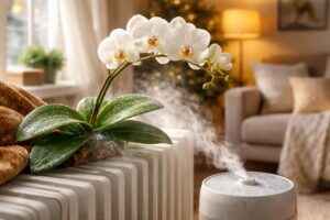 Orchidea virágok radiátor felett, téli párásítási tippekkel lakásban