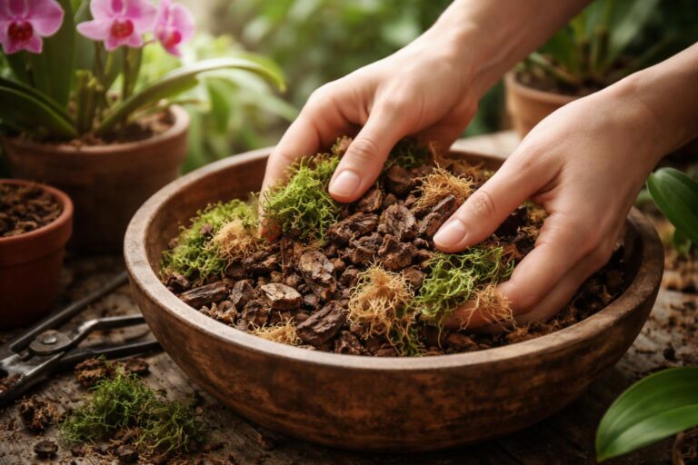 Orchidea ültetőközeg kéreggel, mohával és kókuszrosttal