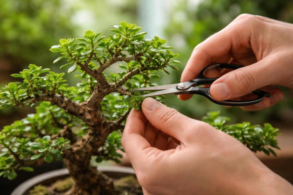 Pénzfa bonsai metszése, ágvágás és formázás képen