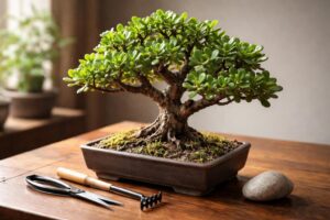 Pénzfa bonsai fényes zöld levelekkel egy faasztalon, formázva és metszegetve