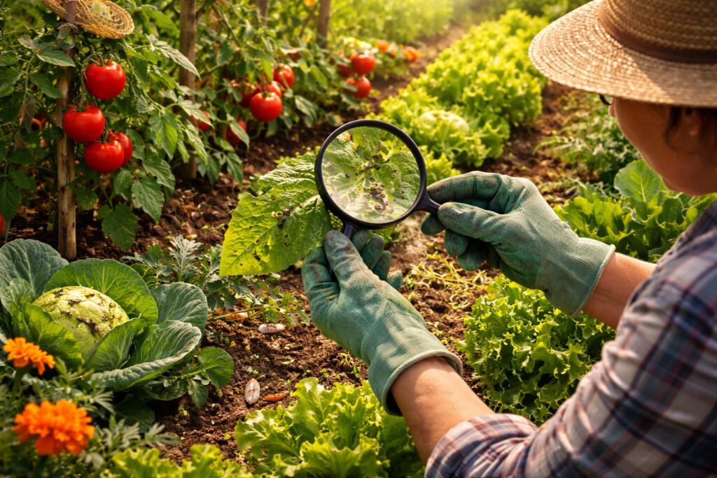 Kertész kezében zöldség a kertben, betegségek és kártevők elleni védelem