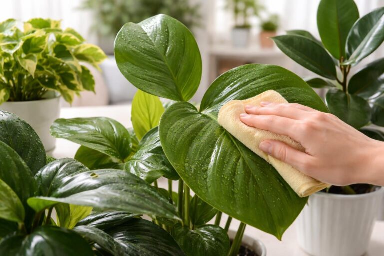 Szobanövény levelei pormentesen és fényesen tisztítva