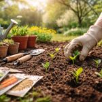 Tavaszi kertnyitás márciusban, friss zöld növények, kertészkedés kezdete