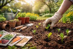 Tavaszi kertnyitás márciusban, friss zöld növények, kertészkedés kezdete