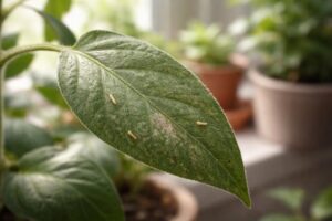 Apró tripszek a szobanövény levelein, látható károkkal