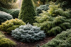 Tűlevelű és örökzöld növények dús zöld koronával