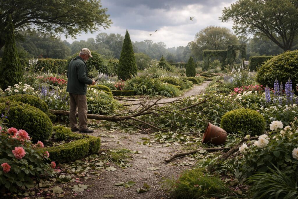 Viharkár okozta sérült dísznövények a kertben