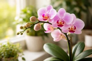 Virágzó orchideák ablakpárkányon, egész évben virágzásra serkentve