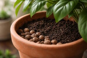 Víztározó edény és agyaggolyók a cserép alján szobanövényhez
