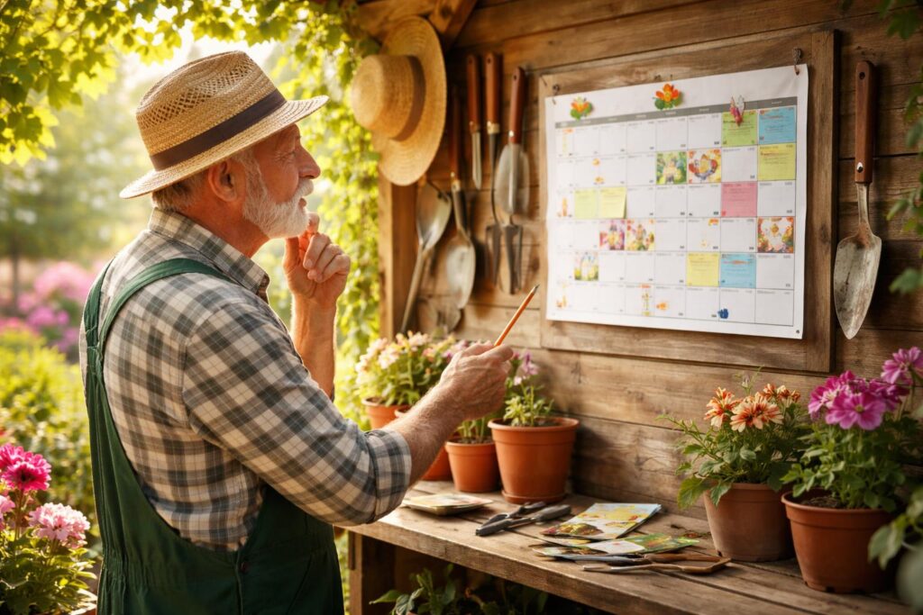 Kertészeti eszközök és naptár egy asztalon, hónapokat jelölve