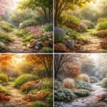 Kertészeti eszközök és virágok a kertben tavasszal