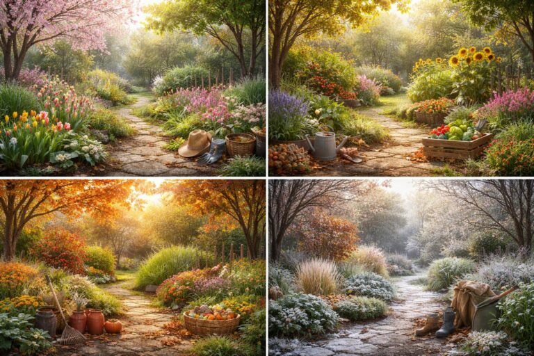 Kertészeti eszközök és virágok a kertben tavasszal